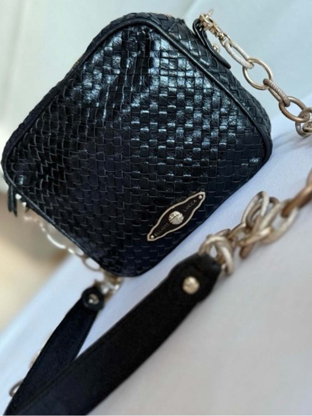 Elliott Lucca Crossbody Bag, Black Leather, Woven Chain Strap